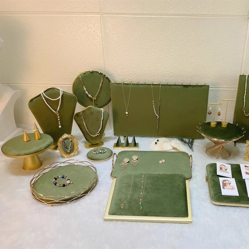 Fashion Grass Green Series Velvet Jewelry Display Rack Jewelry Shop Window Necklace Display Ring Bracelet Ornaments Rack