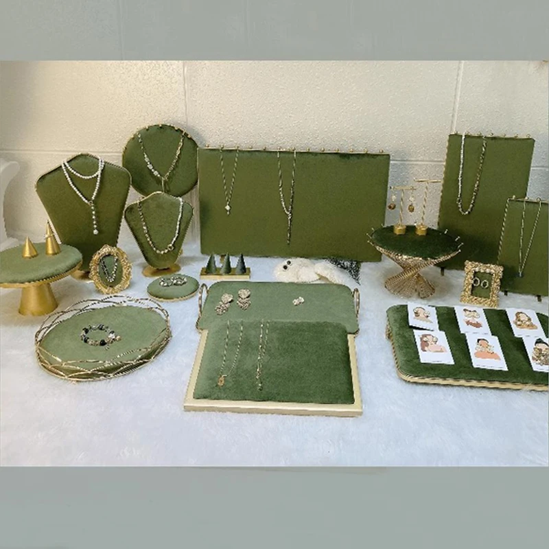 Fashion Grass Green Series Velvet Jewelry Display Rack Jewelry Shop Window Necklace Display Ring Bracelet Ornaments Rack