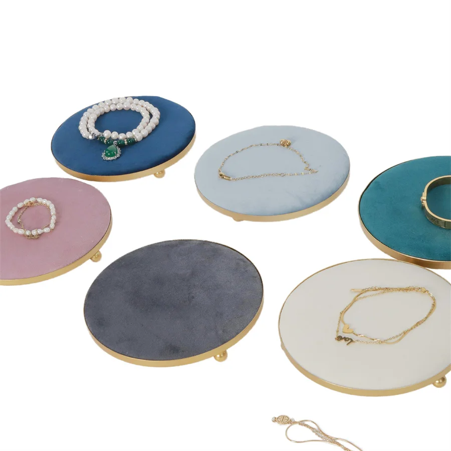 Round Velvet Tray with Metal Frame Rings Earrings Necklace Display Organizer Window Counter Decoration Chain Bracelet Storage