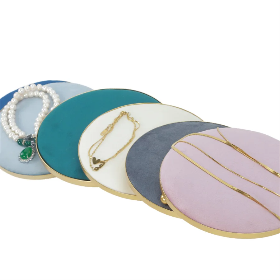 Round Velvet Tray with Metal Frame Rings Earrings Necklace Display Organizer Window Counter Decoration Chain Bracelet Storage