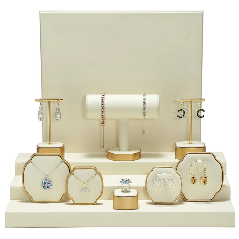 Beige Jewelry Display Stand Necklace Pendant Storage Props Earrings Rings Organizer Exhibitor Set Jewelry Display Rack