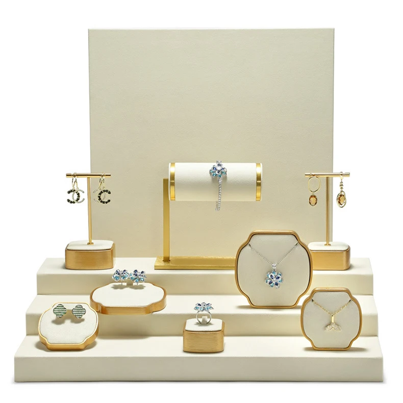 Beige Jewelry Display Stand Necklace Pendant Storage Props Earrings Rings Organizer Exhibitor Set Jewelry Display Rack