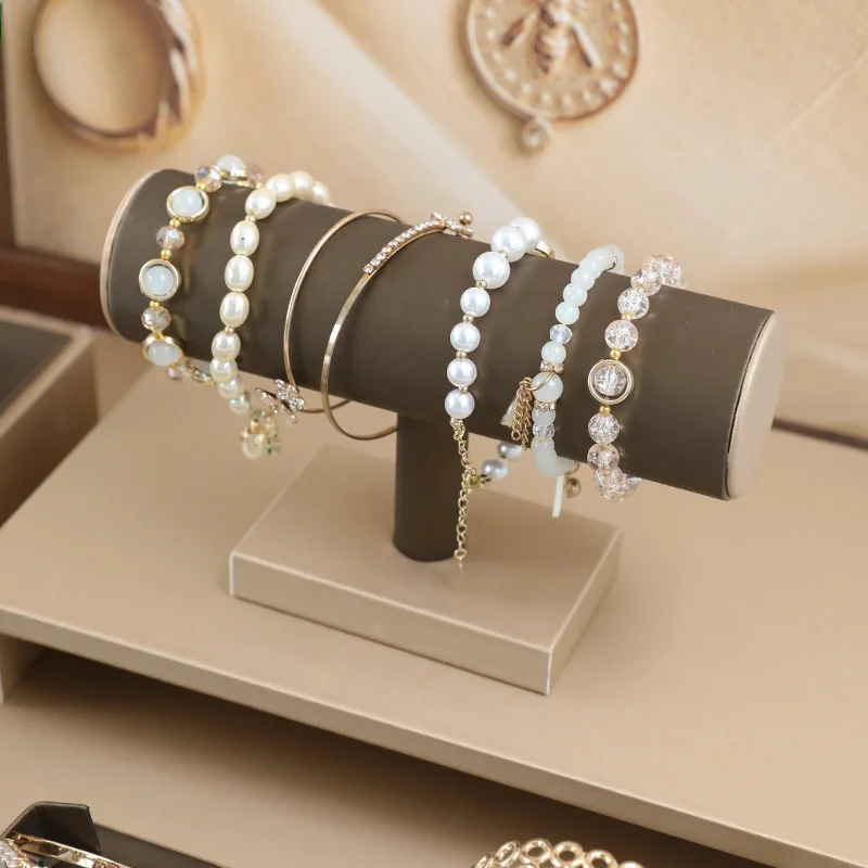 Brown PU Leather Bracelet Display Rack Jewelry Business Exhibition Prop Wrist Watch Bangle Organizer Stand Necklace Holder