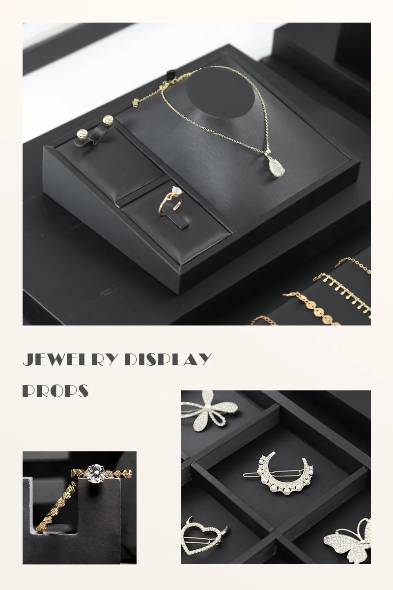 Brushed Black Leather Luxury Jewelry Display Props Wenwan Necklace Ring Stand Earrings Bracelet Jewelry Display Tray