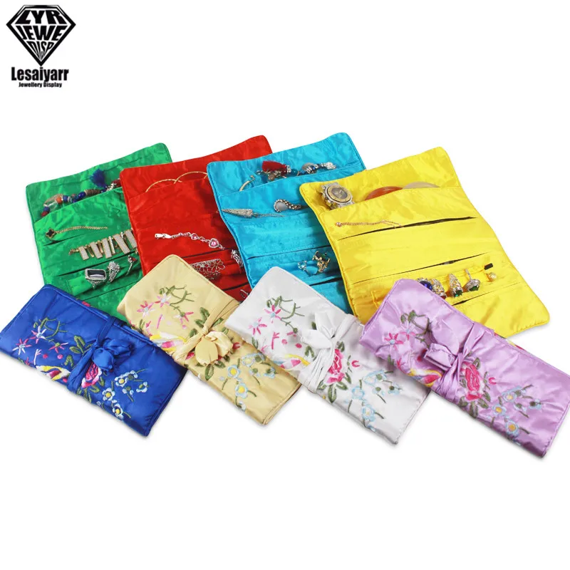 Embroidered Chinese Jewelry Roll Bag Travel Jewelry Organizer Storage Case Pouch for Necklaces Rings Bracelet Portable Practical
