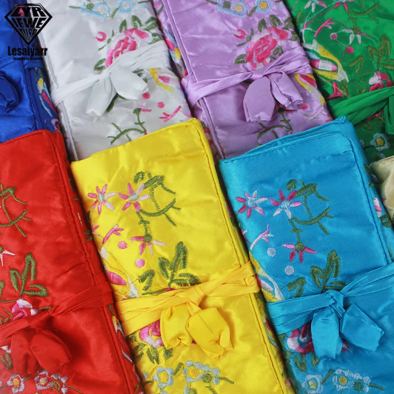 Embroidered Chinese Jewelry Roll Bag Travel Jewelry Organizer Storage Case Pouch for Necklaces Rings Bracelet Portable Practical