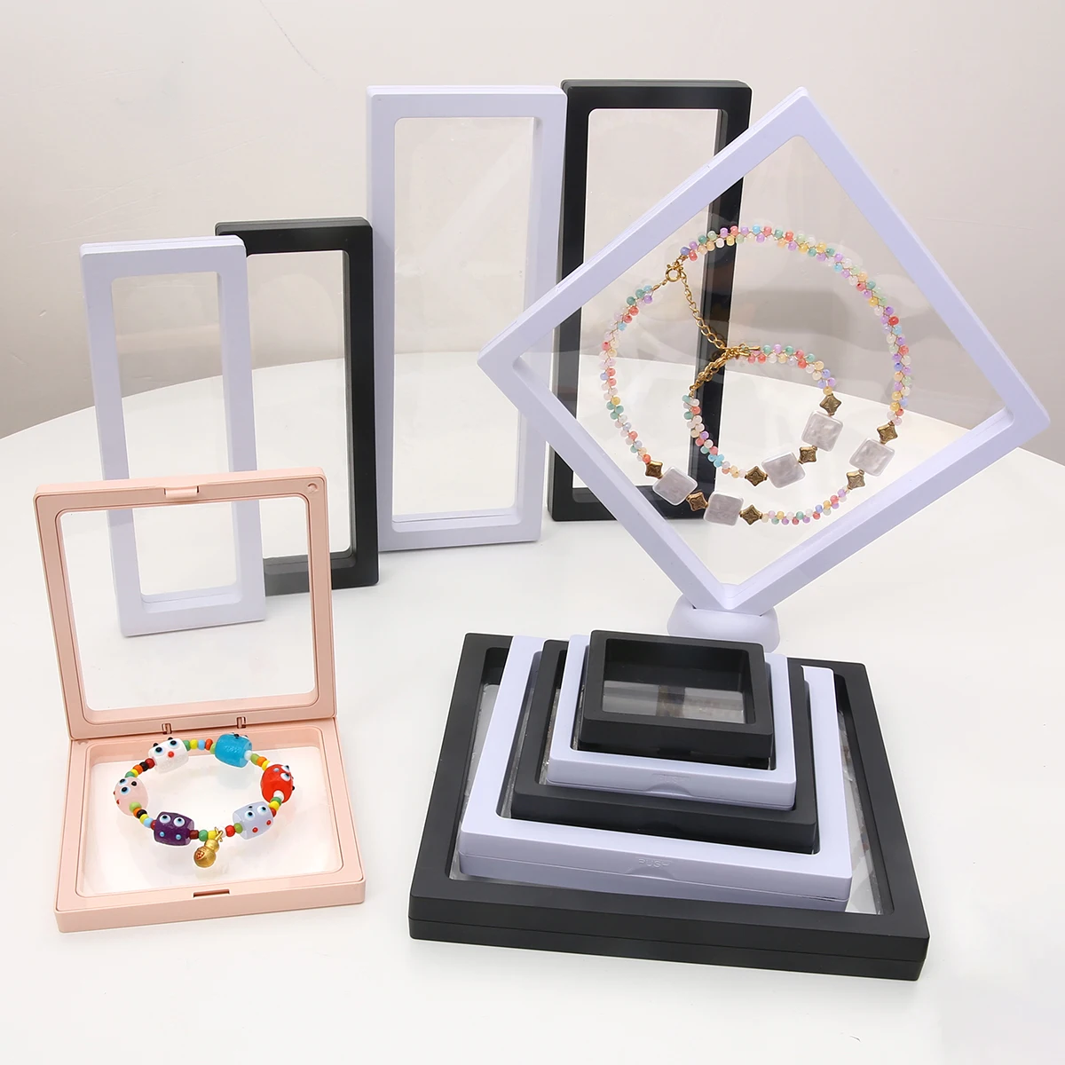 PE Film Colorful Jewelry Storage Box 3D Packaging Case Gemstone Free Stand Floating Frame Membrane Ring Earring Bracelet Display