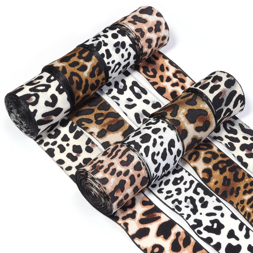 5Yards 4cm Satin Faux Silk Leopard Print Ribbon Handmade Crafts Materials Hair Bow Making Clip Gift Wrapping Clothing Accessorie