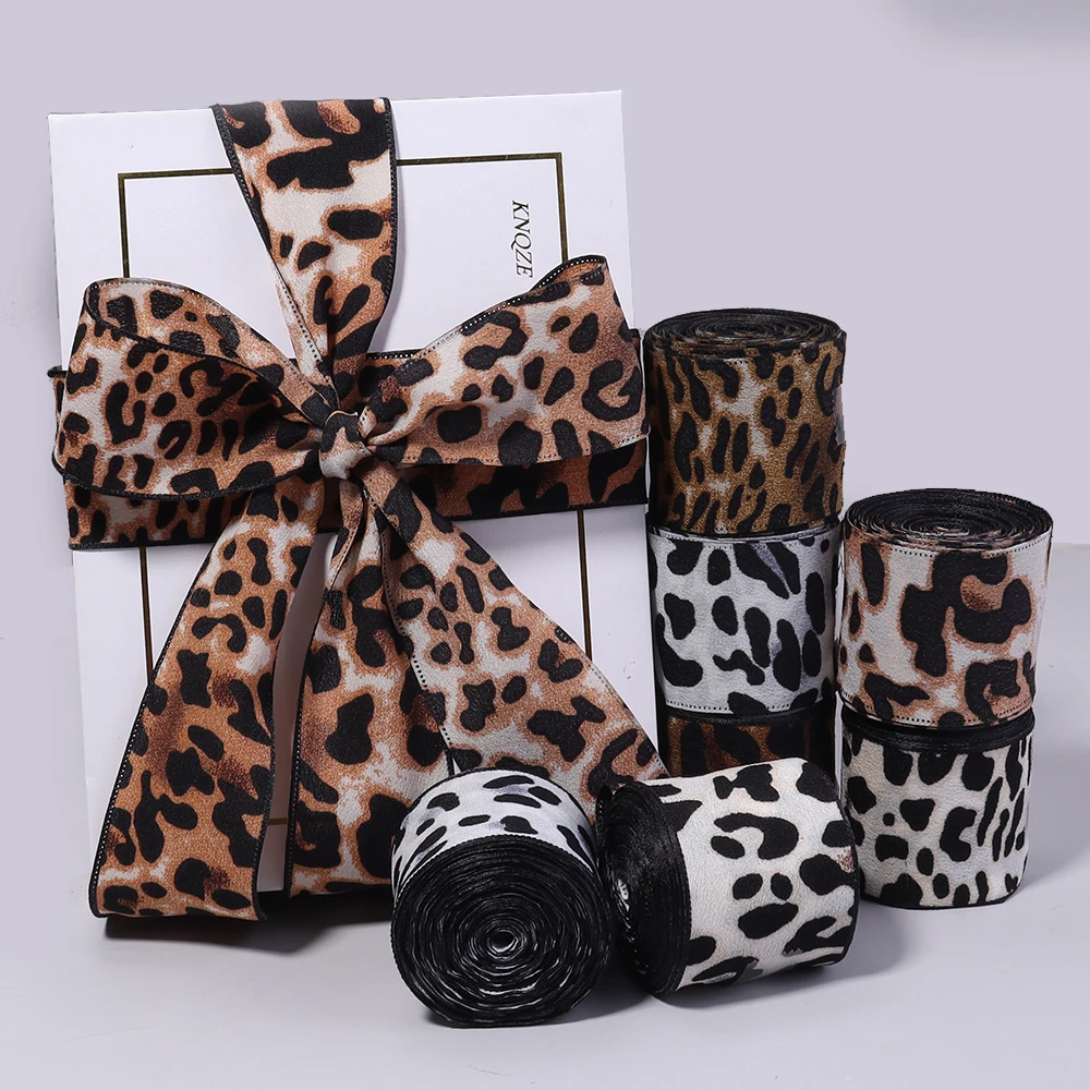 5Yards 4cm Satin Faux Silk Leopard Print Ribbon Handmade Crafts Materials Hair Bow Making Clip Gift Wrapping Clothing Accessorie