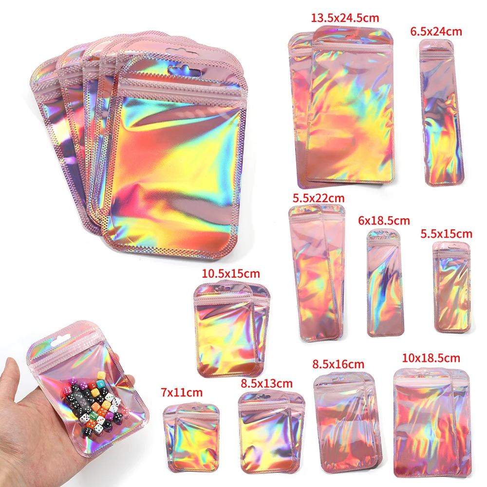 50pcs Thicken Resealable Ziplock OPP Bags Laser Iridescent Bag Clear Storage Bag White Bag with Hang Hole for DIY Jewelry Making