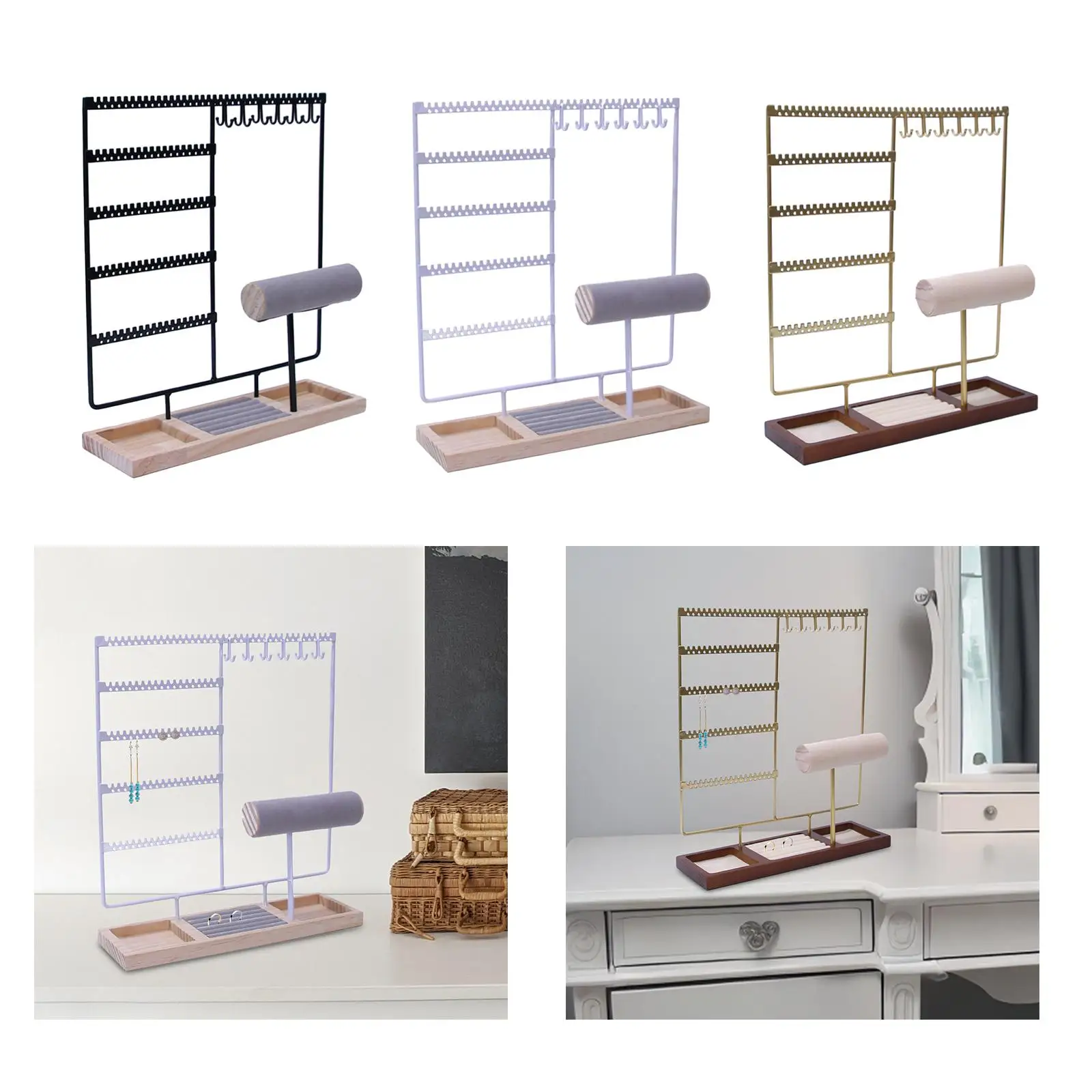 Jewelry Display Rack Earrings Ring Necklace Watch Jewelry Shelf Organizer Bracelet Stand Holder Hooks Storage with Jewelry Tray
