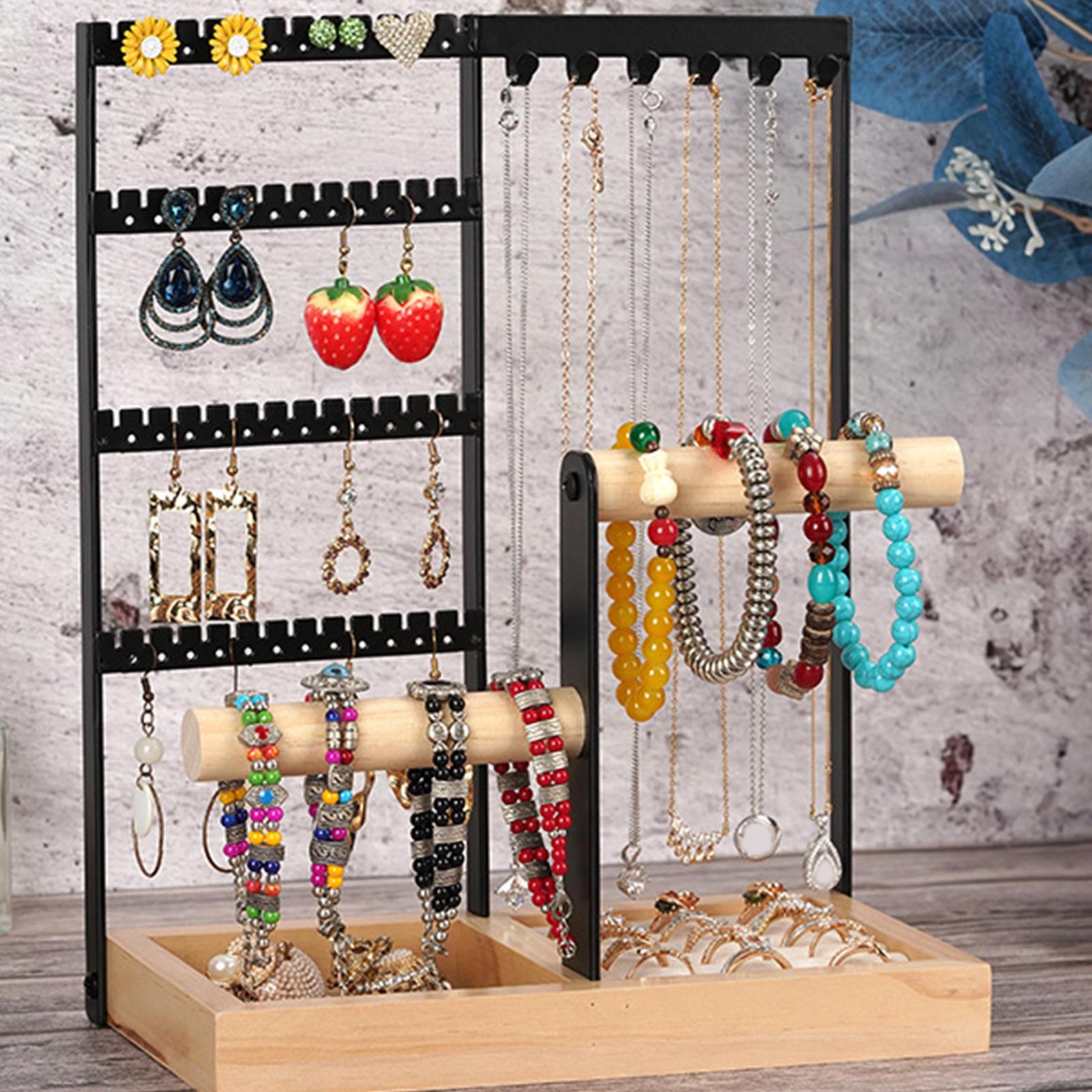 Jewelry Display Rack Earrings Ring Necklace Watch Jewelry Shelf Organizer Bracelet Stand Holder Hooks Storage with Jewelry Tray