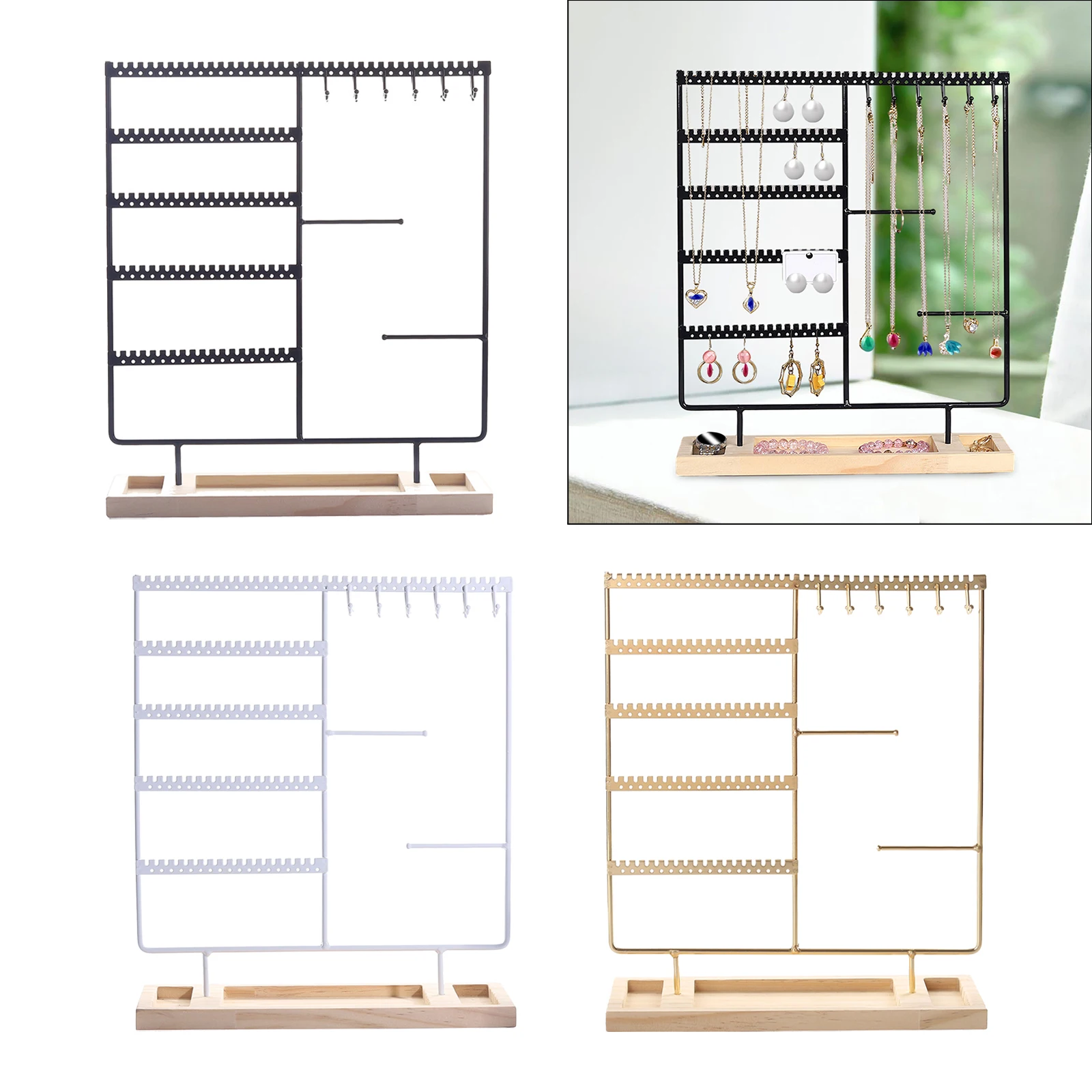Jewelry Display Rack Earrings Ring Necklace Watch Jewelry Shelf Organizer Bracelet Stand Holder Hooks Storage with Jewelry Tray