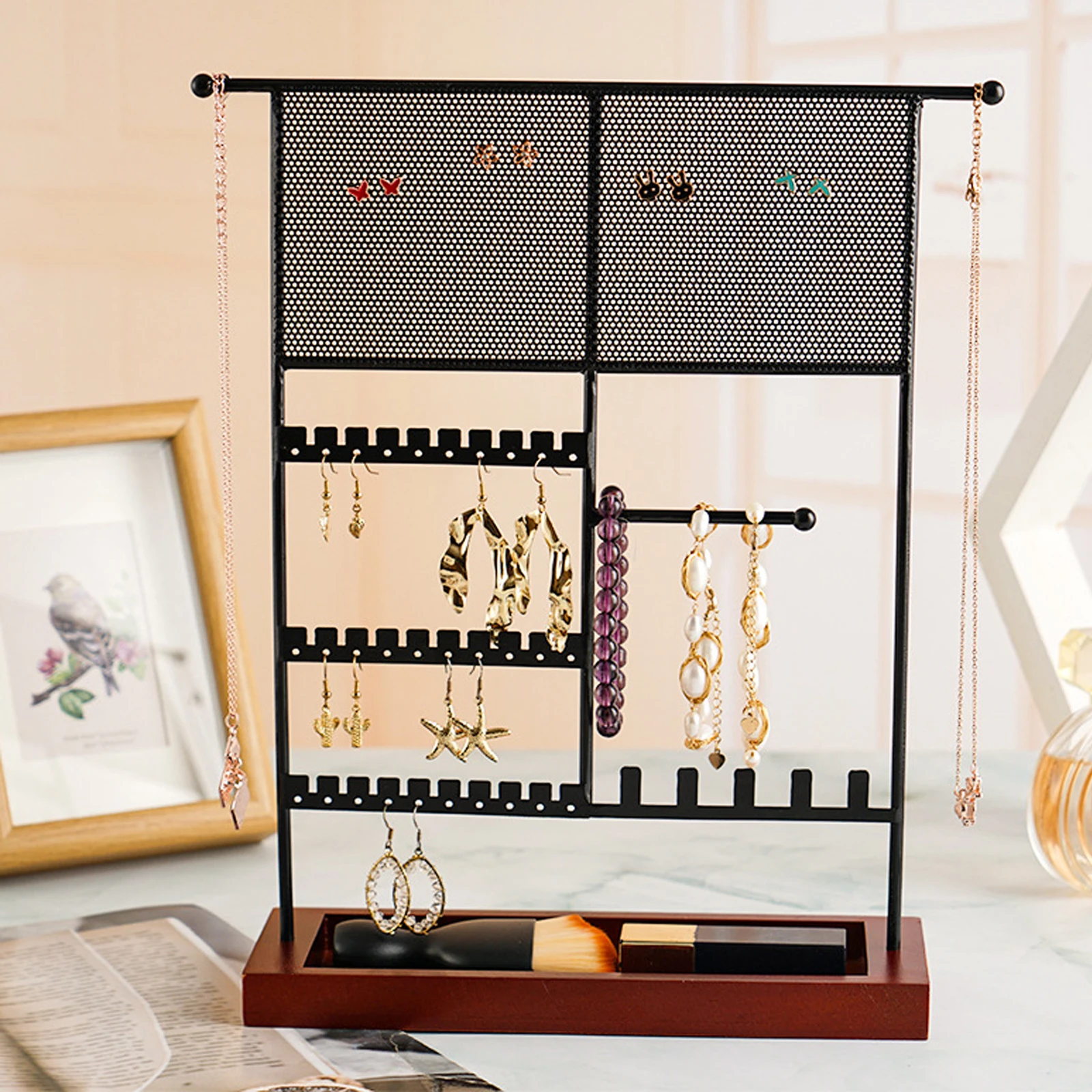 Jewelry Display Rack Earrings Ring Necklace Watch Jewelry Shelf Organizer Bracelet Stand Holder Hooks Storage with Jewelry Tray
