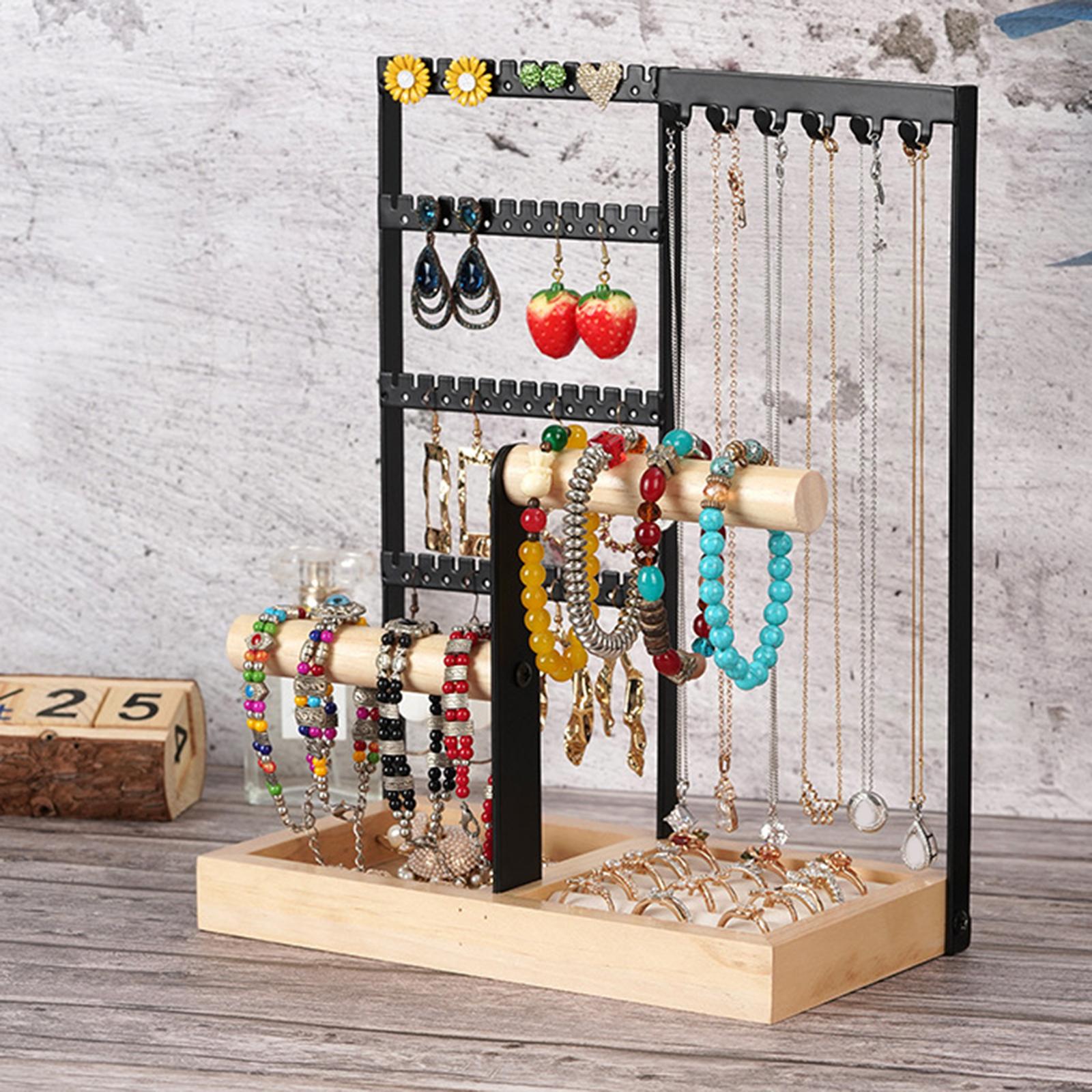Jewelry Display Rack Earrings Ring Necklace Watch Jewelry Shelf Organizer Bracelet Stand Holder Hooks Storage with Jewelry Tray