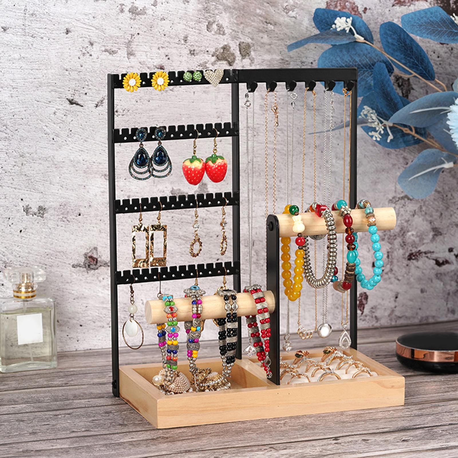 Jewelry Display Rack Earrings Ring Necklace Watch Jewelry Shelf Organizer Bracelet Stand Holder Hooks Storage with Jewelry Tray