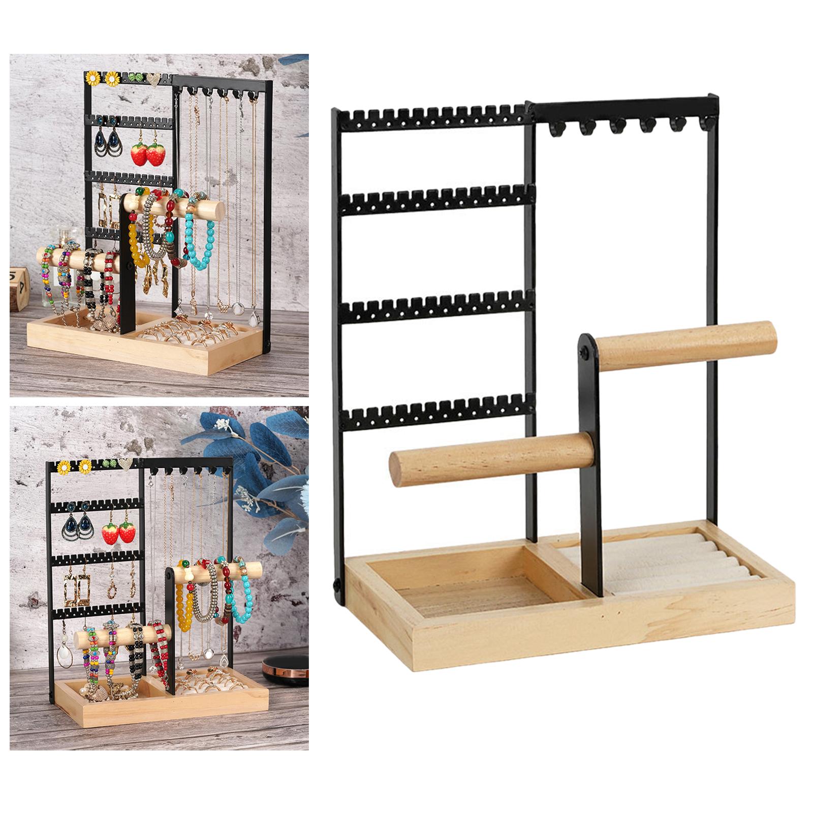 Jewelry Display Rack Earrings Ring Necklace Watch Jewelry Shelf Organizer Bracelet Stand Holder Hooks Storage with Jewelry Tray