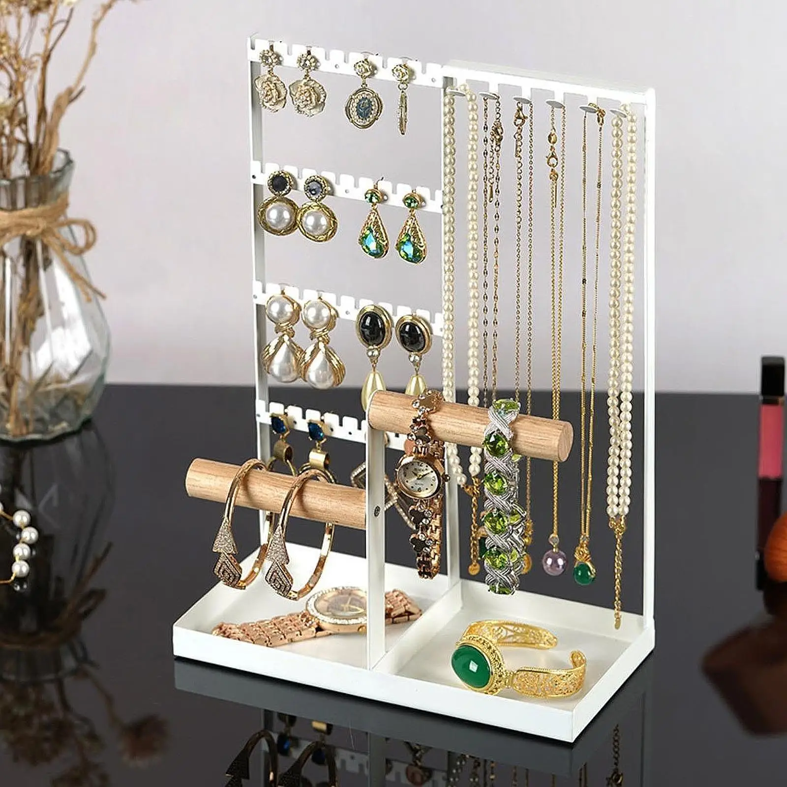 Jewelry Display Rack Earrings Ring Necklace Watch Jewelry Shelf Organizer Bracelet Stand Holder Hooks Storage with Jewelry Tray