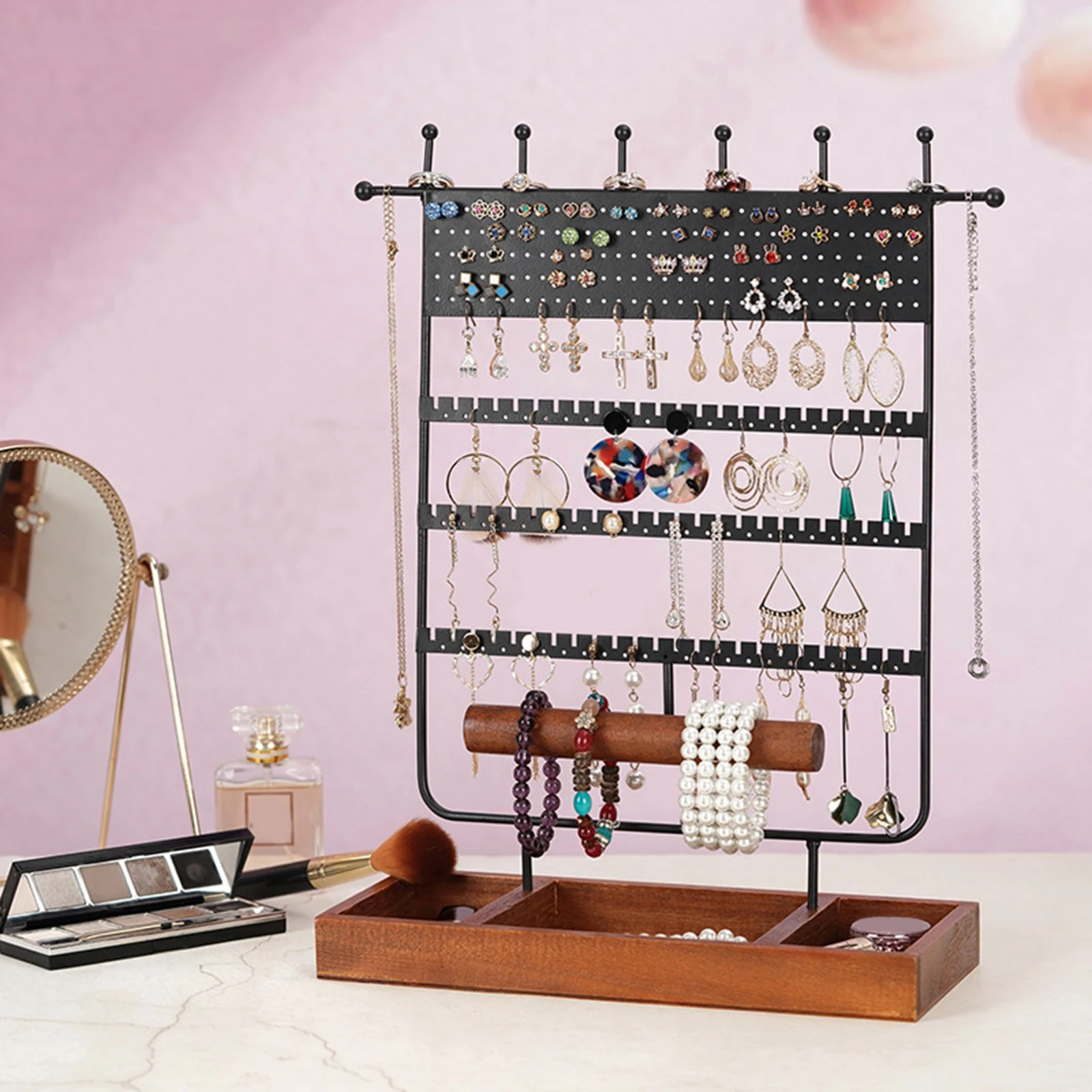 Jewelry Display Rack Earrings Ring Necklace Watch Jewelry Shelf Organizer Bracelet Stand Holder Hooks Storage with Jewelry Tray