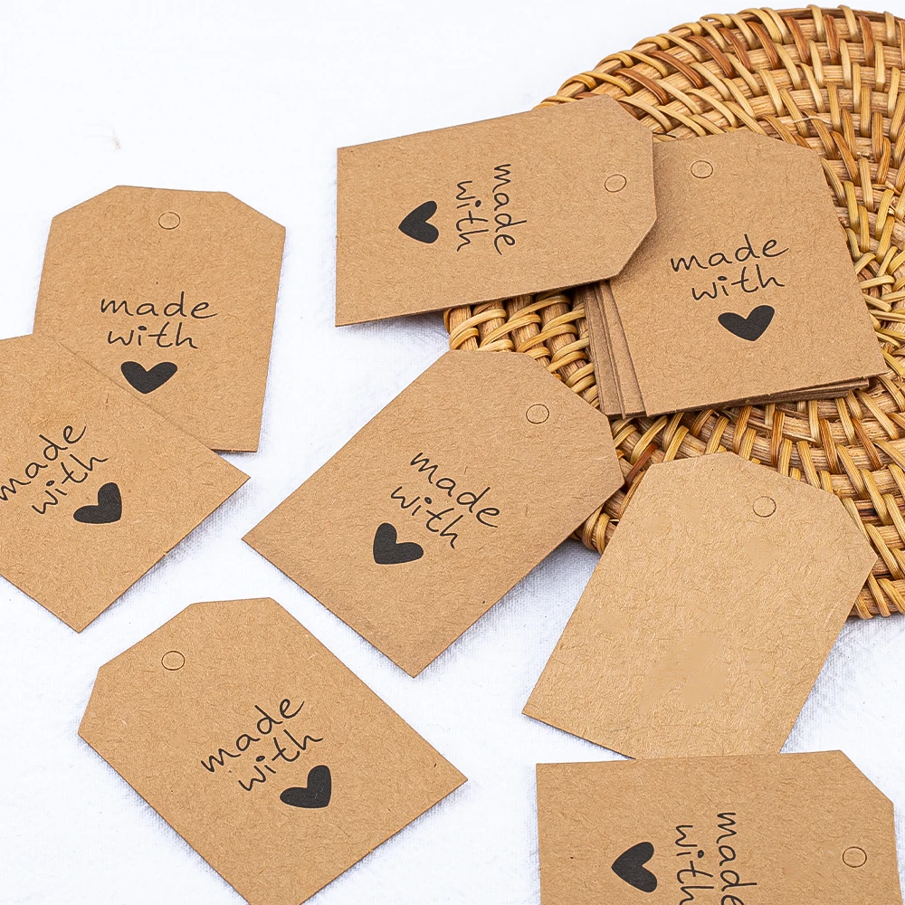 50pcs 4.2x5.5cm Hanging Lables Made with Love Kraft Paper Tag 10 meters Jute String for Handmade Wedding Party Favors Gift Label