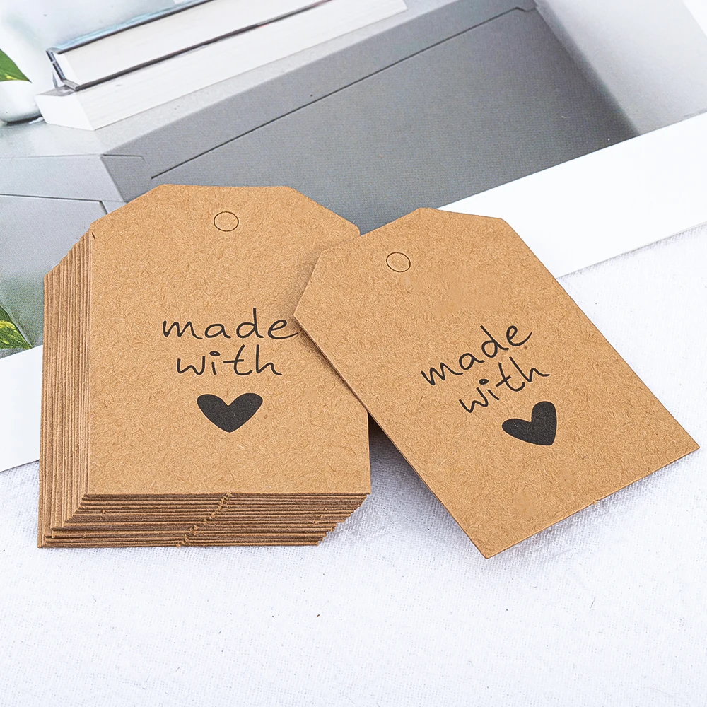 50pcs 4.2x5.5cm Hanging Lables Made with Love Kraft Paper Tag 10 meters Jute String for Handmade Wedding Party Favors Gift Label