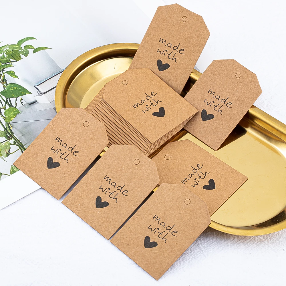 50pcs 4.2x5.5cm Hanging Lables Made with Love Kraft Paper Tag 10 meters Jute String for Handmade Wedding Party Favors Gift Label