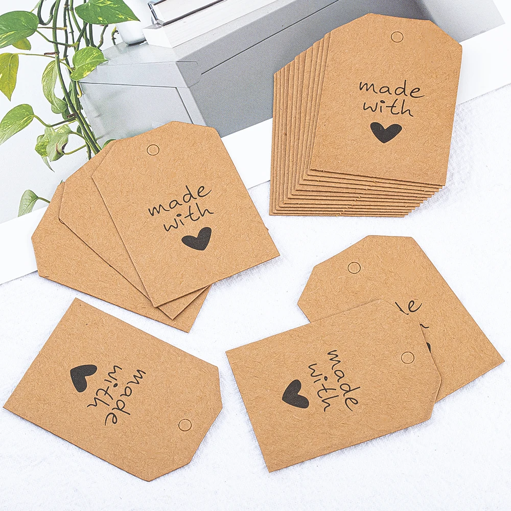 50pcs 4.2x5.5cm Hanging Lables Made with Love Kraft Paper Tag 10 meters Jute String for Handmade Wedding Party Favors Gift Label