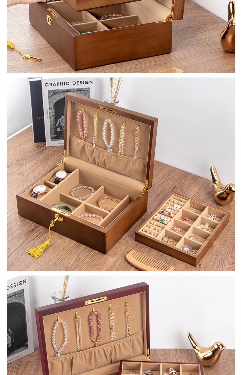 Wood Jewelry Box for Women Necklace Earrings Rings Jewelry Boxes Pendant Dispiay Stands Bracelet Separators Storage Organizer