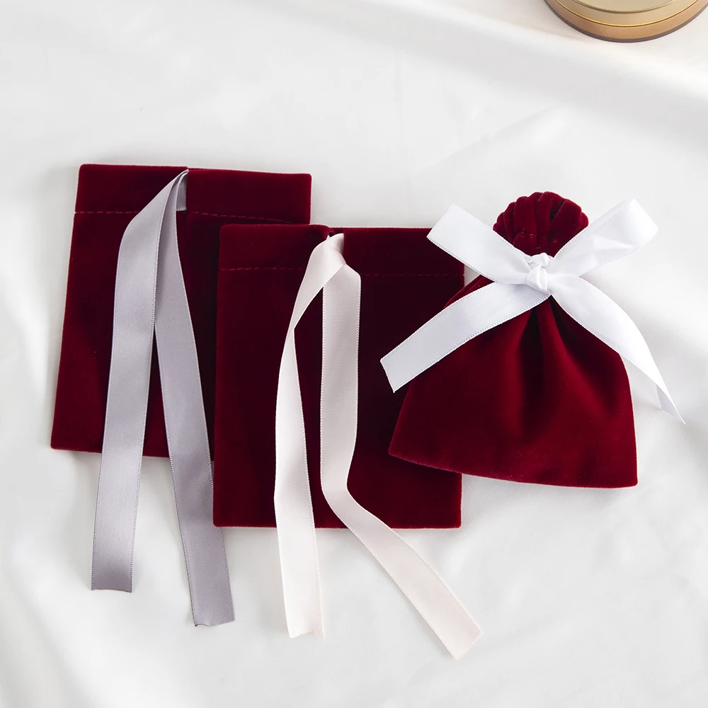 10Pcs Burgundy Jewelry Velvet Bag For Rings Earrings Stud Pendant Bracelet Phone Packaging Pouch Wedding Favors Pocket Organizer