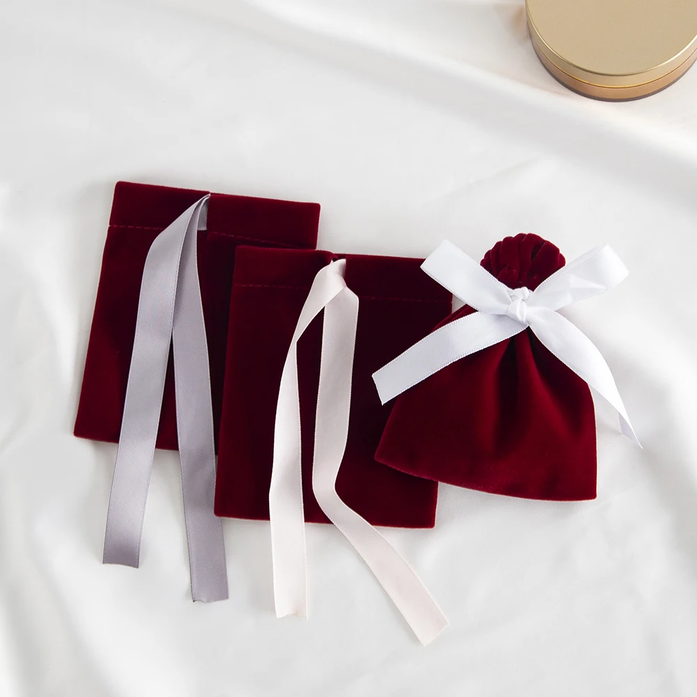 10Pcs Burgundy Jewelry Velvet Bag For Rings Earrings Stud Pendant Bracelet Phone Packaging Pouch Wedding Favors Pocket Organizer