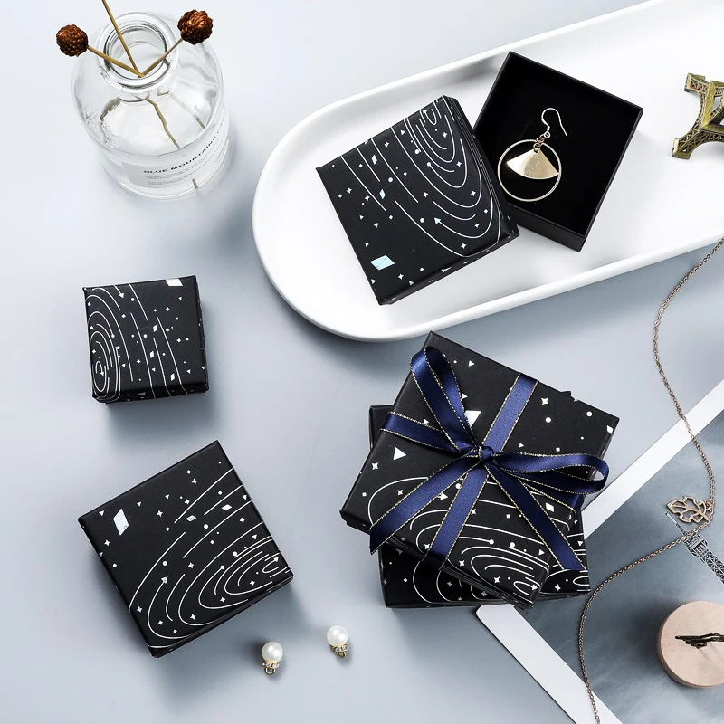 Multi Size Square Ribbon Jewelry Box With Ring Earring Necklace Bracelet Charm Black Jewelry Kraft Paper Gift Packaging Box