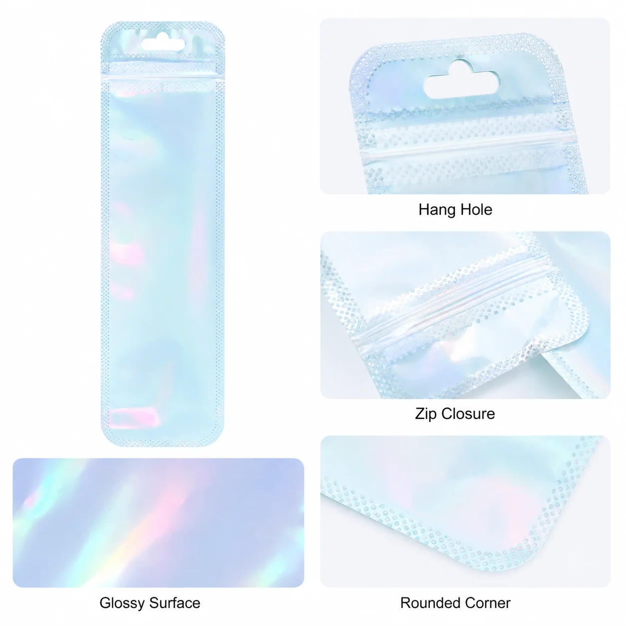 50pcs Holographic Packaging Bags Colorful Resealable Plastic Bags with Hang Hole for DIY Beaded Pens Jewelry and Small Craft