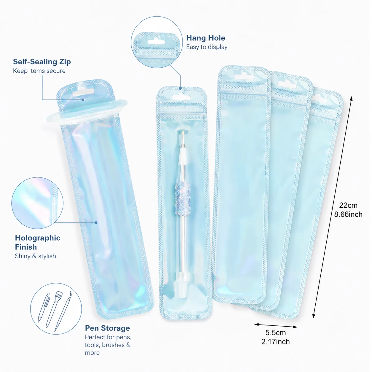 50pcs Holographic Packaging Bags Colorful Resealable Plastic Bags with Hang Hole for DIY Beaded Pens Jewelry and Small Craft