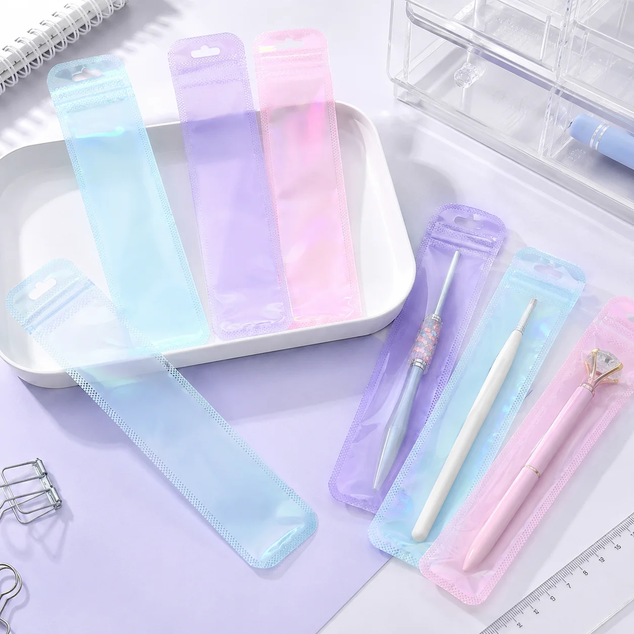 50pcs Holographic Packaging Bags Colorful Resealable Plastic Bags with Hang Hole for DIY Beaded Pens Jewelry and Small Craft