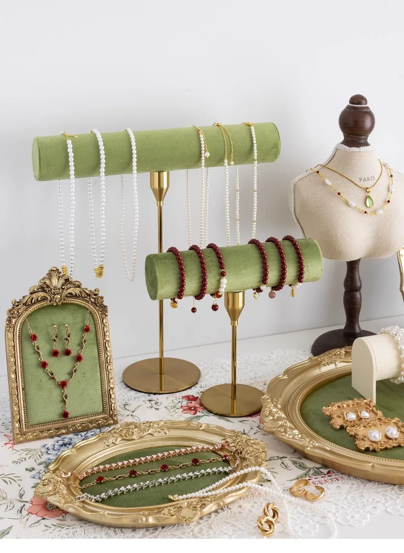 Vintage Velvet Jewelry Display Tray Set Green Cloth Necklace Bracelet Earring Stand Holder for Retro Gold
