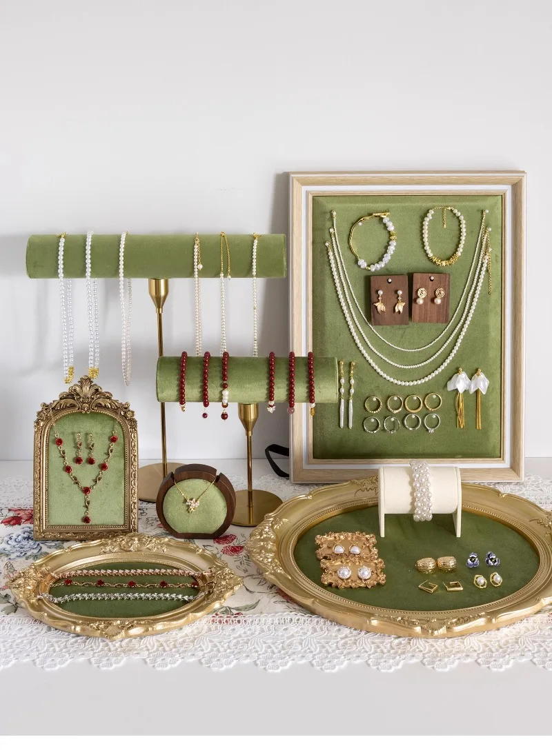 Vintage Velvet Jewelry Display Tray Set Green Cloth Necklace Bracelet Earring Stand Holder for Retro Gold