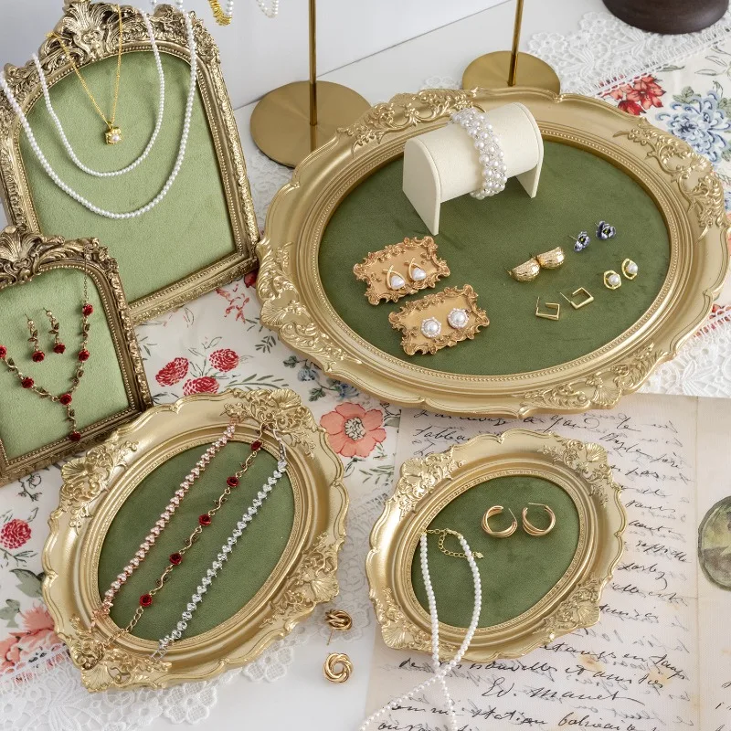 Vintage Velvet Jewelry Display Tray Set Green Cloth Necklace Bracelet Earring Stand Holder for Retro Gold