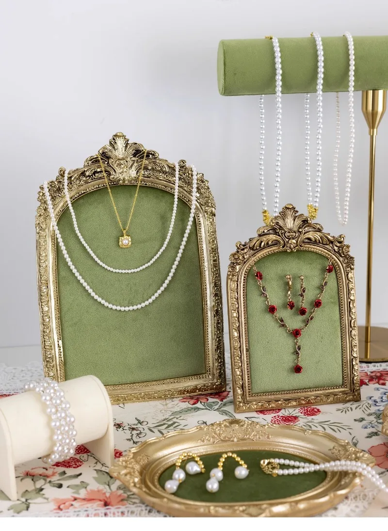 Vintage Velvet Jewelry Display Tray Set Green Cloth Necklace Bracelet Earring Stand Holder for Retro Gold