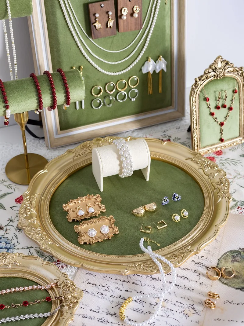Vintage Velvet Jewelry Display Tray Set Green Cloth Necklace Bracelet Earring Stand Holder for Retro Gold