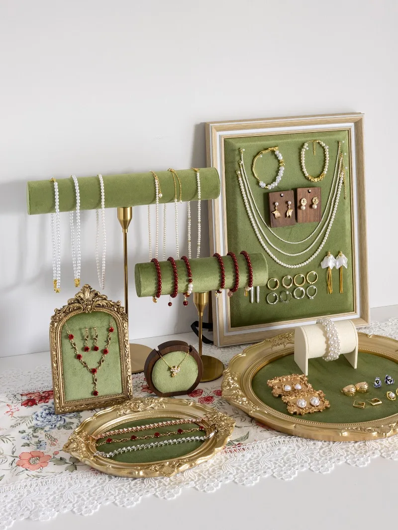 Vintage Velvet Jewelry Display Tray Set Green Cloth Necklace Bracelet Earring Stand Holder for Retro Gold