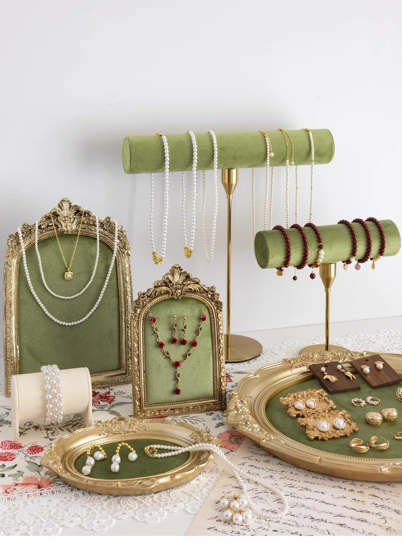 Vintage Velvet Jewelry Display Tray Set Green Cloth Necklace Bracelet Earring Stand Holder for Retro Gold