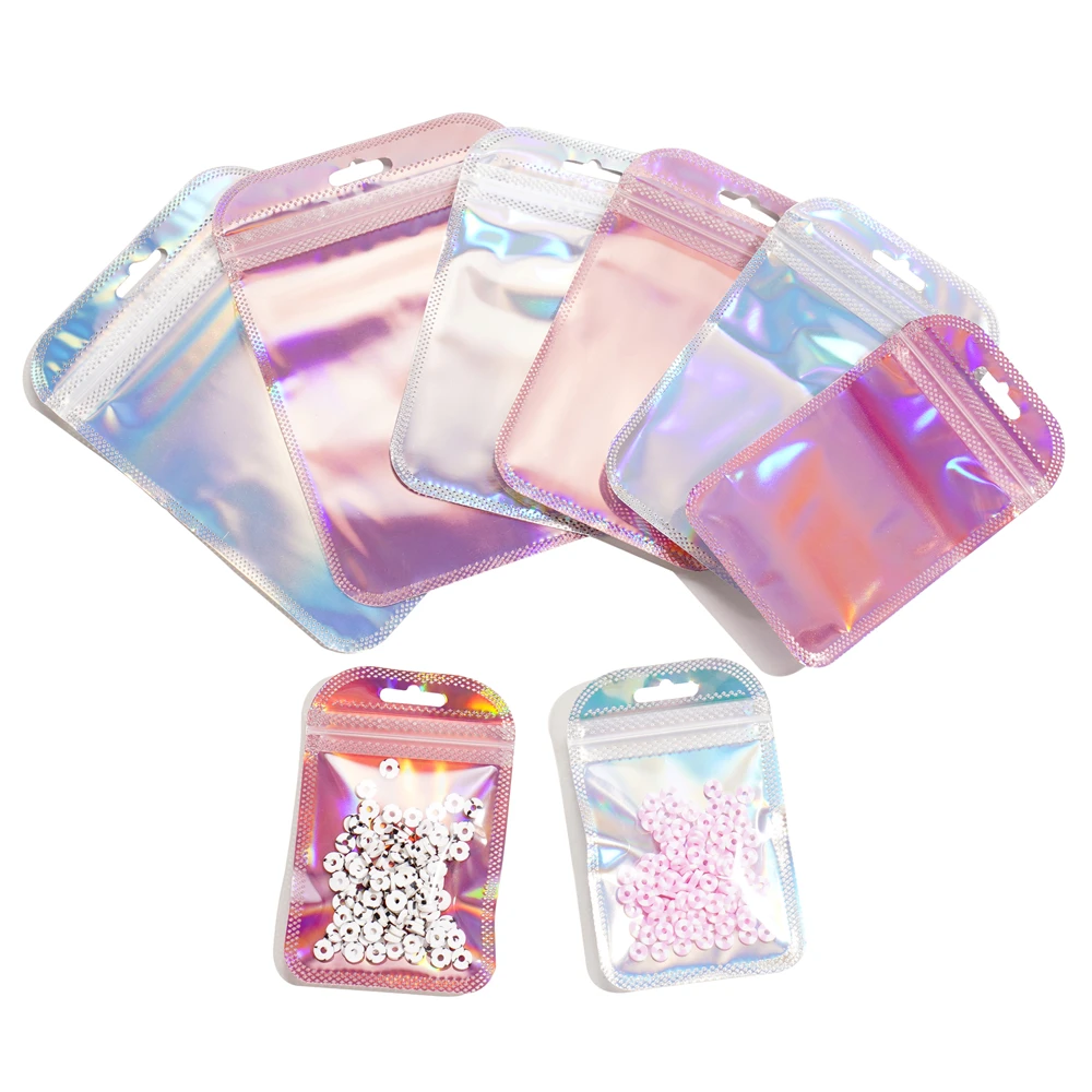 50Pcs Iridescent Zip Lock Bag Transparent Laser Thicken Plastic Seal Bags for Jewelry Display Handicrafts Nail Eyelash Packaging