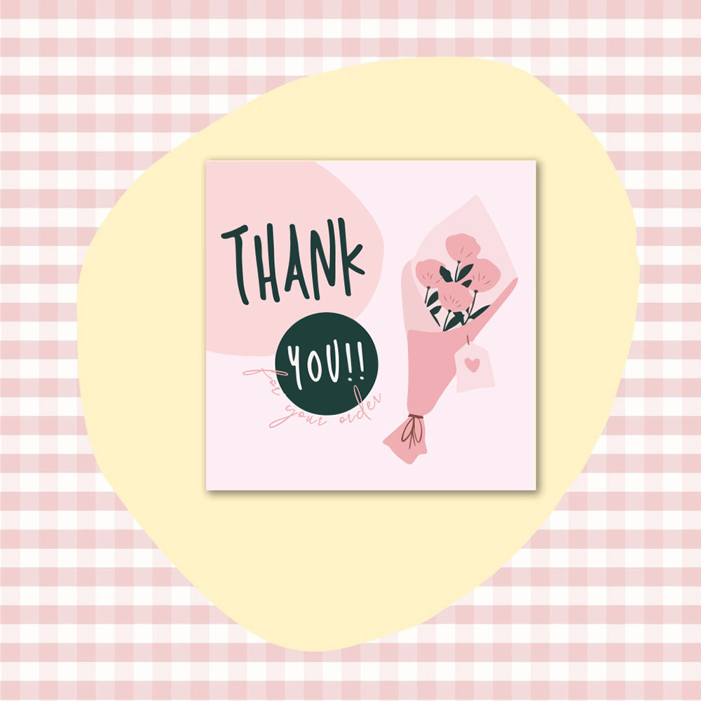 50pcs 6x6cm Pink Cartoon Square Thank You Card For Small Businesses Gift Box Greeting Decoration Packaging Wholesale Supplies