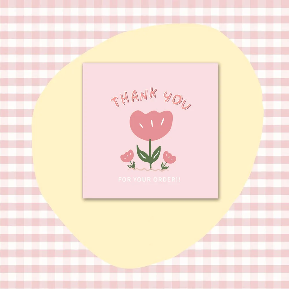 50pcs 6x6cm Pink Cartoon Square Thank You Card For Small Businesses Gift Box Greeting Decoration Packaging Wholesale Supplies