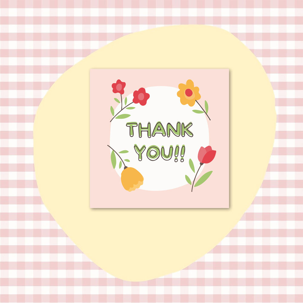 50pcs 6x6cm Pink Cartoon Square Thank You Card For Small Businesses Gift Box Greeting Decoration Packaging Wholesale Supplies