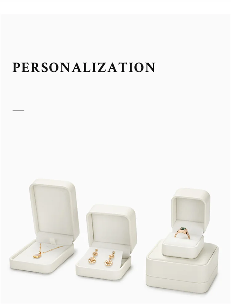 WoodTen Beige Jewelry Box Leather Ring Jewelry Organizer Box Earring Necklace Bracelet Box For Proposal Wedding Customizable