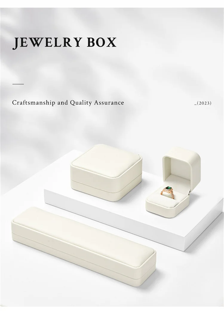 WoodTen Beige Jewelry Box Leather Ring Jewelry Organizer Box Earring Necklace Bracelet Box For Proposal Wedding Customizable