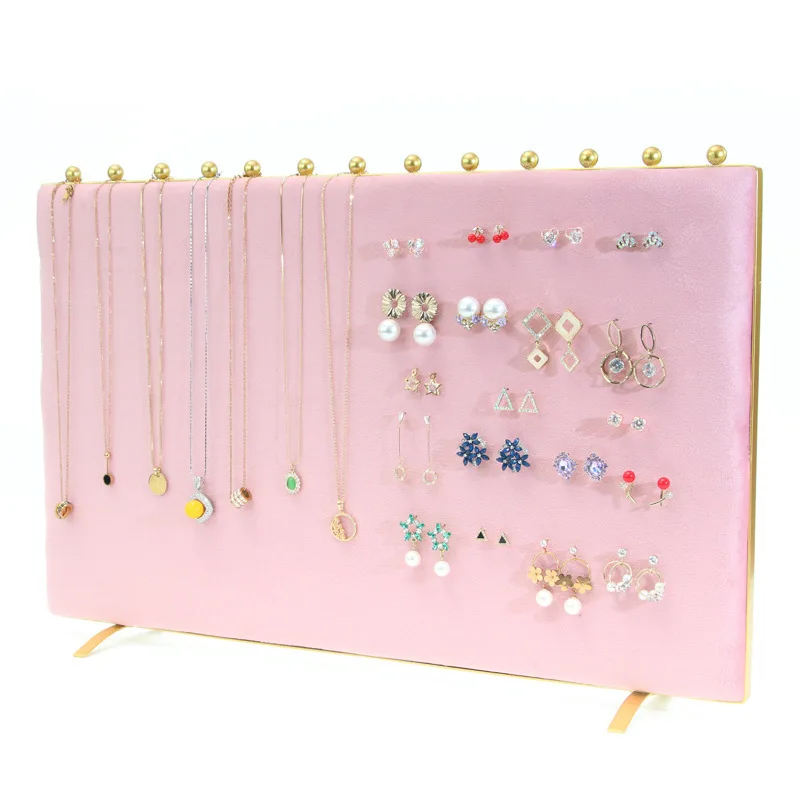 Pink Velvet Jewelry Display Board Necklace Earring Hanging Shelf Ring Jewelry Holder Tray Gold Metal Frame