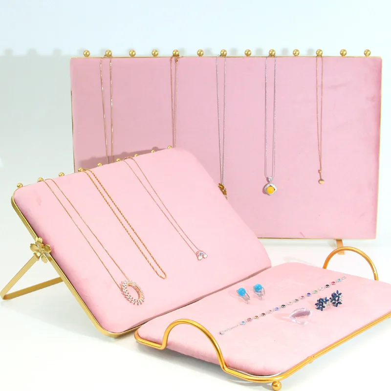 Pink Velvet Jewelry Display Board Necklace Earring Hanging Shelf Ring Jewelry Holder Tray Gold Metal Frame