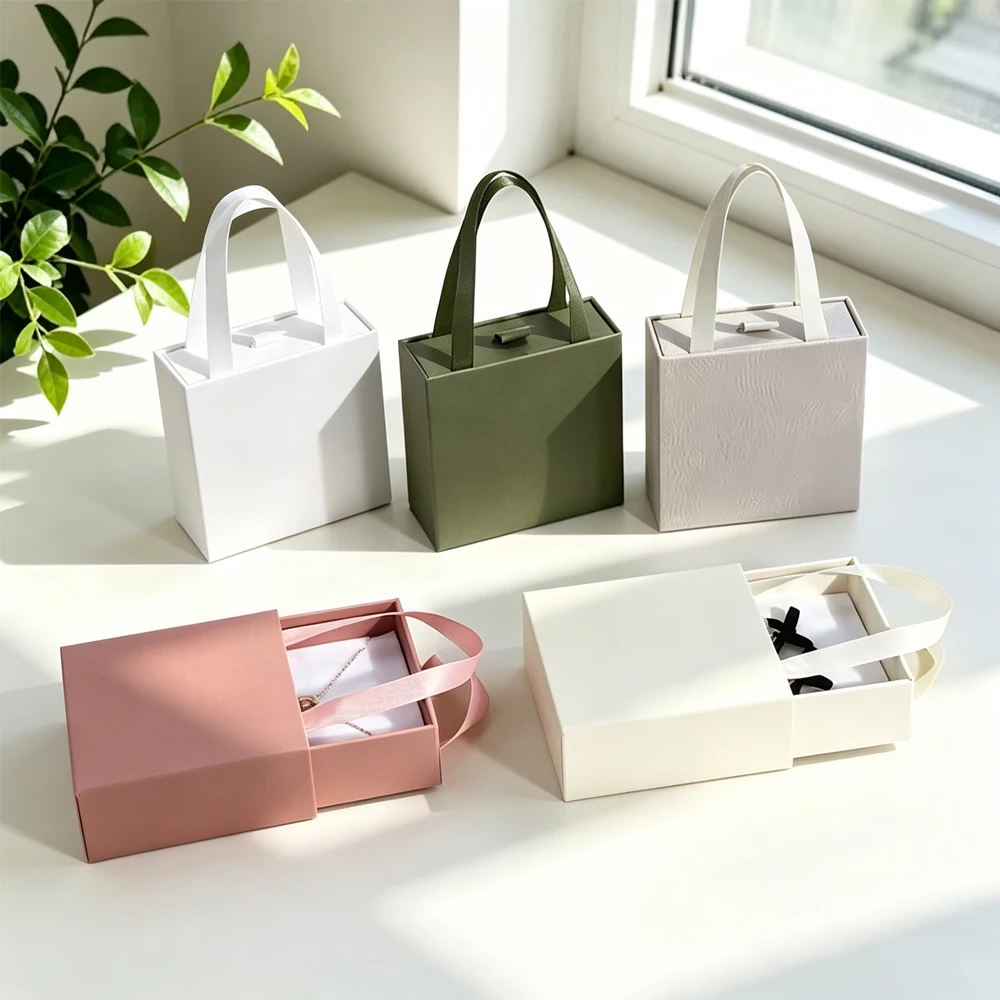 5Pcs Paper Jewelry Packaging Tote Bags Cardboard Drawer Jewellery Gift Box For Necklace Earrings Oil Ring Wedding Party Gift Bag